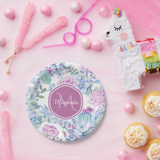 Elegantes lila und blaues saftiges Blumen mit Pappteller (Party)