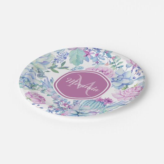 Elegantes lila und blaues saftiges Blumen mit Pappteller (Schrägansicht)