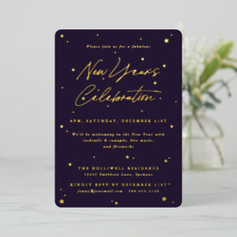 Elegantes Lila- und Gold-Scattered Stars New Year  Folieneinladung