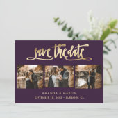 Elegantes Lila und Gold Wedding 3 Foto Save The Date (Stehend Vorderseite)