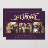Elegantes Lila und Gold Wedding 3 Foto Save The Date (Vorne/Hinten)