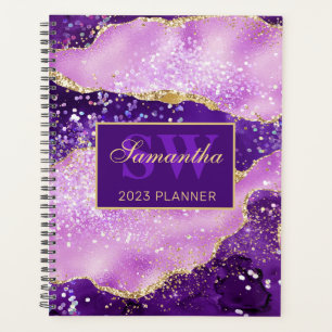 Elegantes lila und goldenes Glitter-Achat-Monogram Planer