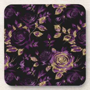 Elegantes lila und goldenes Rosen-Blumenmuster Getränkeuntersetzer