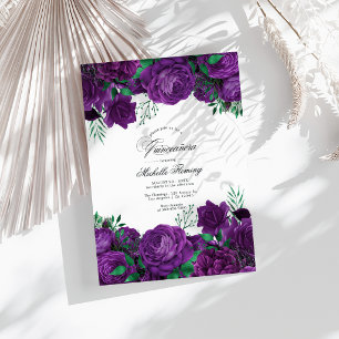 Elegantes Lila und grünes Foto Quinceñera Einladung