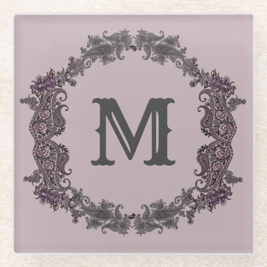 Elegantes Lila und Silver Gerahmtes Monogramm Glasuntersetzer (Vorderseite)