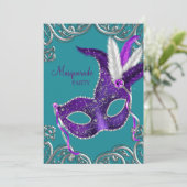 Elegantes Lila und türkisfarbenes blaues Masquerad Einladung (Stehend Vorderseite)