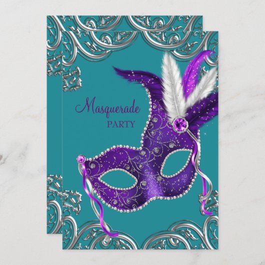 Elegantes Lila und türkisfarbenes blaues Masquerad Einladung (Vorne/Hinten)