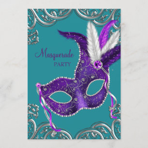 Elegantes Lila und türkisfarbenes blaues Masquerad Einladung