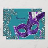Elegantes Lila und türkisfarbenes blaues Masquerad Einladung (Vorne/Hinten)