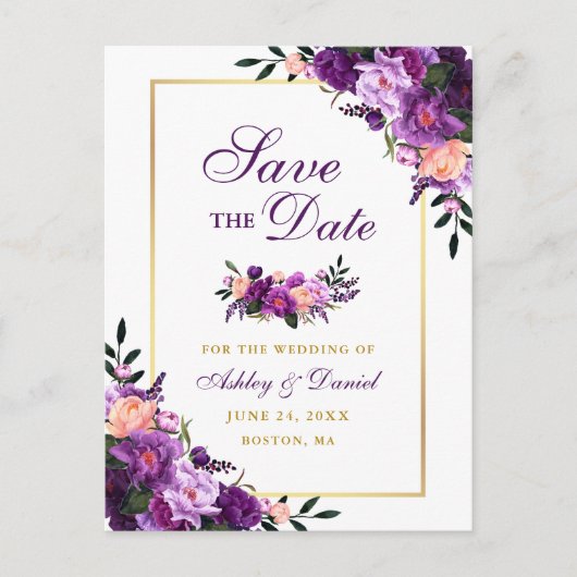 Elegantes, Lila Violett-Blumengold Save the Date Ankündigungspostkarte (Vorderseite)