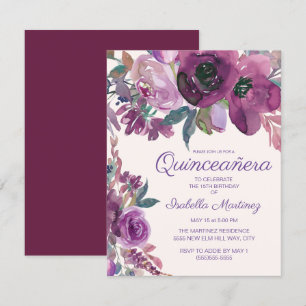 Elegantes lila Wasserfarben-Blumen-Quinceañera 15. Einladung