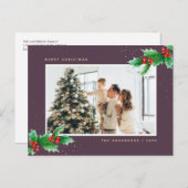 Elegantes Lila Watercolor Holly Foto Weihnachten (Vorne/Hinten)