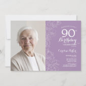 Elegantes Lila Weiß-Foto 90. Geburtstag Einladung (Vorderseite)