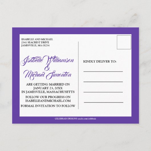 Elegantes Lila weißes Foto Save the Date Postkarte (Rückseite)