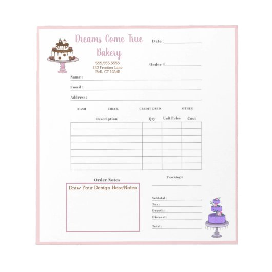 Elegantes Lila White Cake Order Form Notepad Notizblock (Vorderseite)