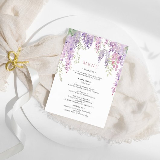 Elegantes Lila Wisteria Blume Wedding Menu Menükarte