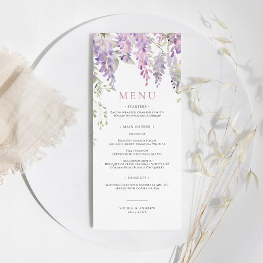 Elegantes Lila Wisteria Blume Wedding Menu Menükarte