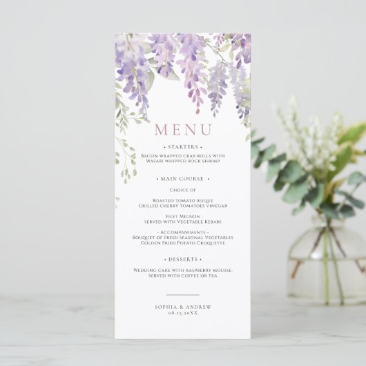Elegantes Lila Wisteria Blume Wedding Menu Menükarte (Stehend Vorderseite)