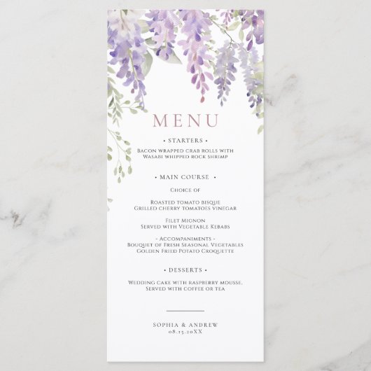 Elegantes Lila Wisteria Blume Wedding Menu Menükarte (Vorderseite)