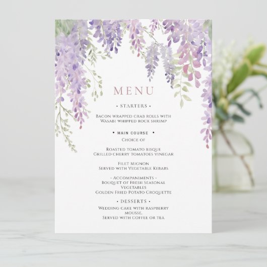 Elegantes Lila Wisteria Blume Wedding Menu Menükarte (Stehend Vorderseite)