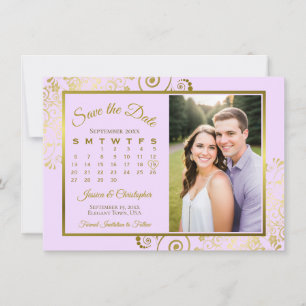 Elegantes Lilac Lila & Gold Calendar Foto Hochzeit Save The Date