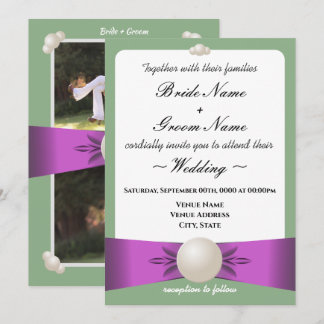 Elegantes Lilac & Sage Pearl Ribbon Foto Hochzeit Einladung