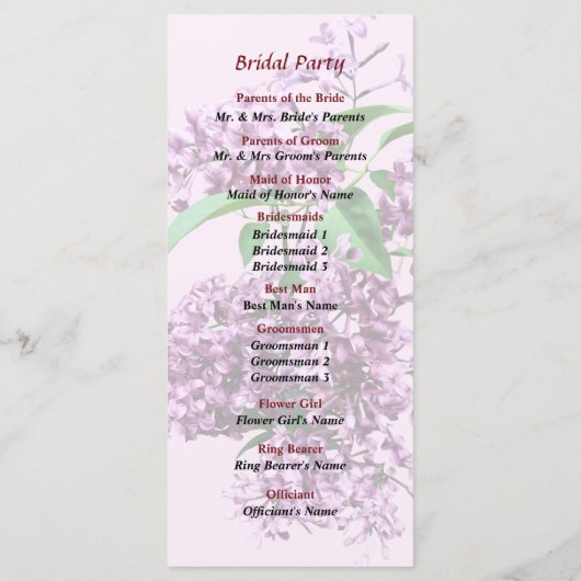 Elegantes Lilacs Hochzeitsprogramm Programm (Rückseite)