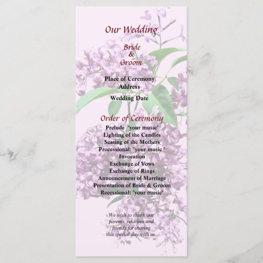 Elegantes Lilacs Hochzeitsprogramm Programm (Vorderseite)