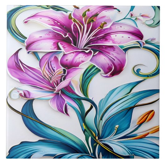 Elegantes Lily Artwork mit lebhaften Farben Fliese (Vorderseite)