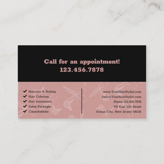 Elegantes Logo für den Schwarz-Rosa-Friseur Visitenkarte (Rückseite)