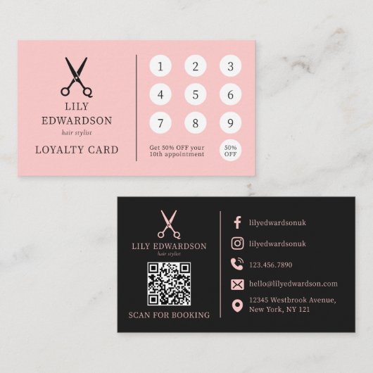 Elegantes Logo mit QR-Code für Friseurschere in Ro Treuekarte (Vorne/Hinten)