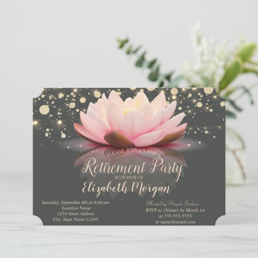 Elegantes Lotus String Lights Dots Retirement-Part Einladung (Stehend Vorderseite)