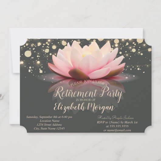 Elegantes Lotus String Lights Dots Retirement-Part Einladung (Vorderseite)