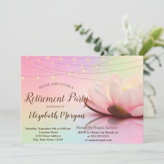 Elegantes Lotus String Lights Retirement-Party Einladung (Stehend Vorderseite)