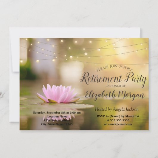Elegantes Lotus String Lights Retirement-Party Einladung (Vorderseite)