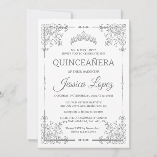 Elegantes Luxuriöses Weiß und Gray Quinceanera Einladung (Vorderseite)