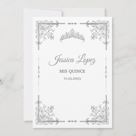 Elegantes Luxuriöses Weiß und Gray Quinceanera Einladung (Rückseite)