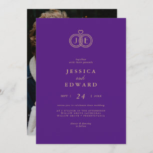 Elegantes Luxury Eggplant Monogram Foto Wedding Einladung