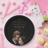 Elegantes Luxus Black Gold Monogram Foto Hochzeit Pappteller (Party)