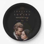 Elegantes Luxus Black Gold Monogram Foto Hochzeit Pappteller (Vorderseite)
