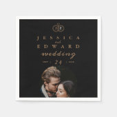 Elegantes Luxus Black Gold Monogram Foto Hochzeit Serviette (Vorderseite)