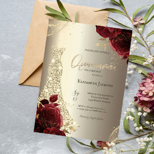 Elegantes Luxus-Kleid rote Rosen Gold Quinceañera Einladung