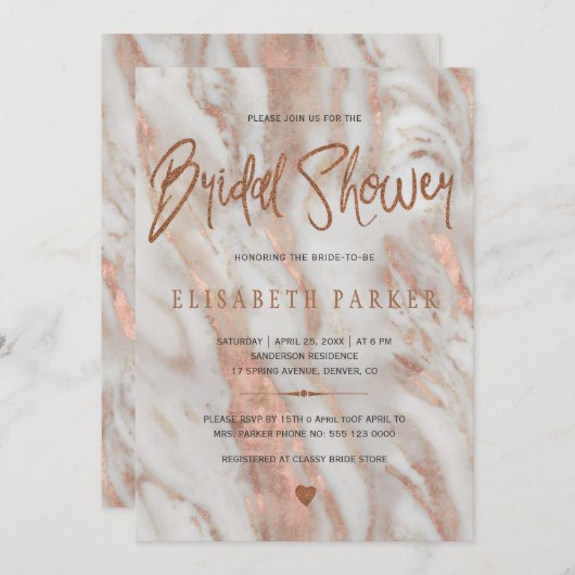 Elegantes Luxus-Marmor Rose Gold Brautparty Einladung (Vorne/Hinten)