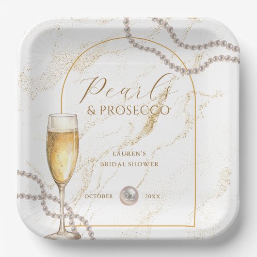 Elegantes Luxus Perlen und Prosecco Brautparty Pappteller (Vorderseite)