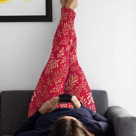 Elegantes Luxus Red Gold Leaf Muster Leggings