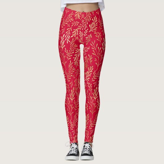 Elegantes Luxus Red Gold Leaf Muster Leggings (Vorderseite)