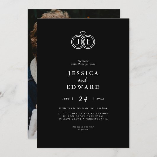 Elegantes Luxus-Schwarz-weiß Monogram-Foto Hochzei Einladung (Vorne/Hinten)