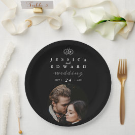 Elegantes Luxus-Schwarz-weiß Monogram-Foto Hochzei Pappteller