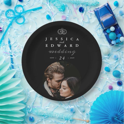 Elegantes Luxus-Schwarz-weiß Monogram-Foto Hochzei Pappteller (Party)