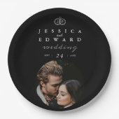 Elegantes Luxus-Schwarz-weiß Monogram-Foto Hochzei Pappteller (Vorderseite)